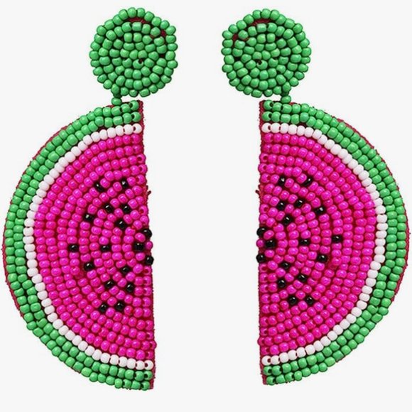 Long 3" Pink Watermelon Cute Fruit Slices Beaded Big Post Earrings New - Picture 2 of 6